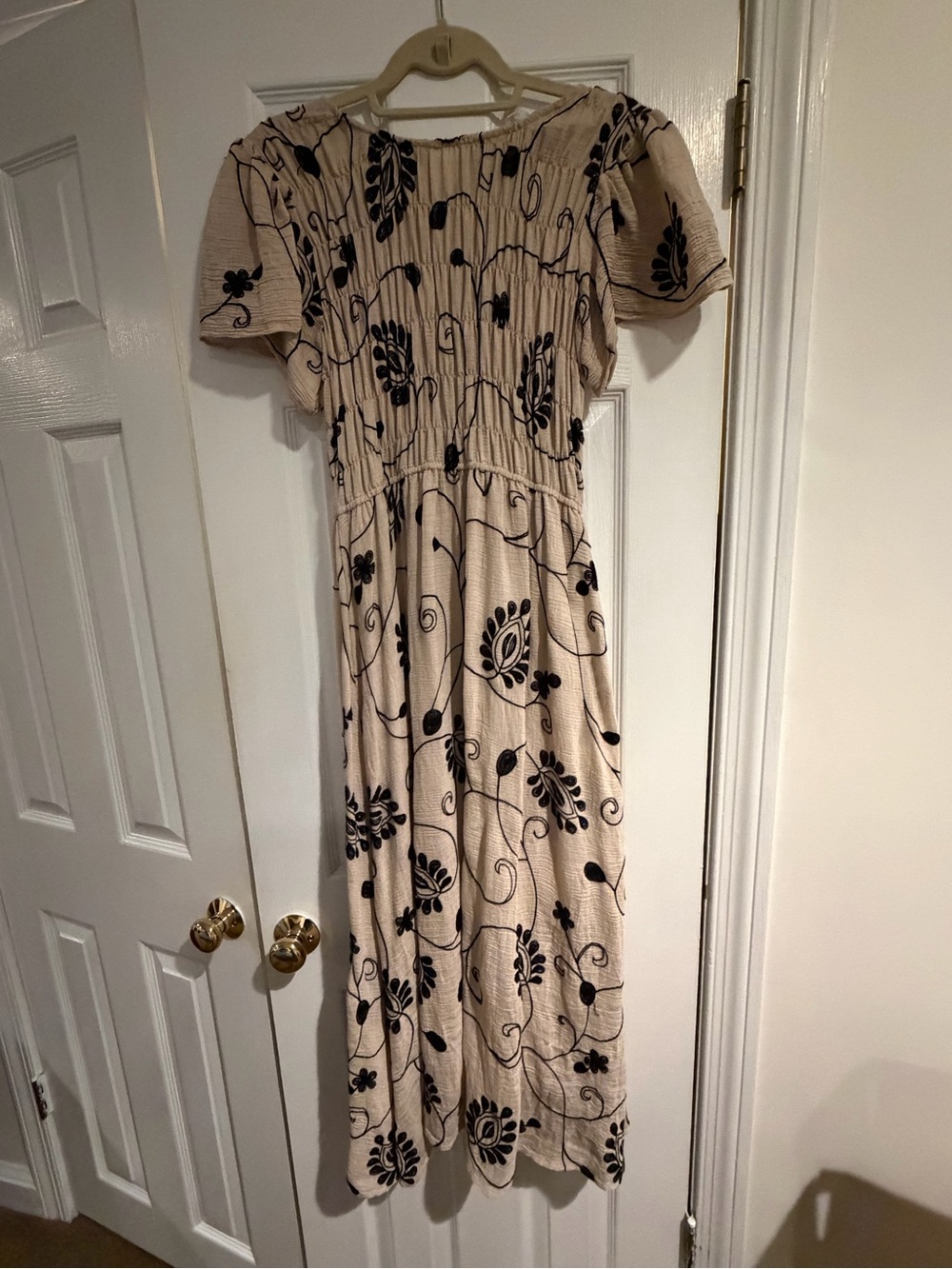 August Sky brand Women’s Tan Maxi Dress with Black Floral Embroidery
